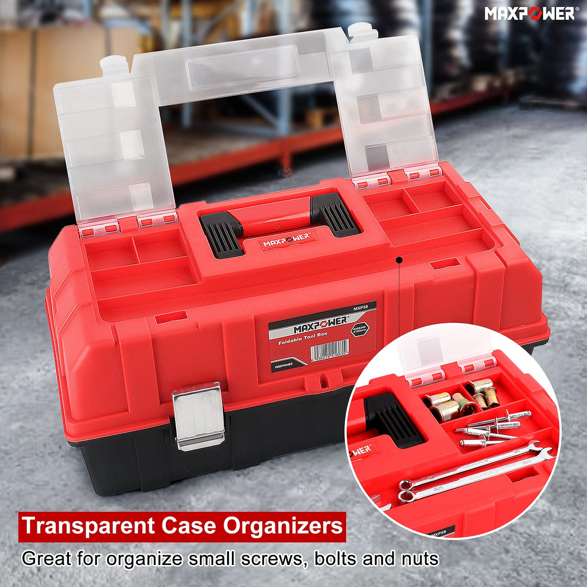 16-Inch Three-Layer Folding Plastic Tool Box with Tray and Dividers W46258