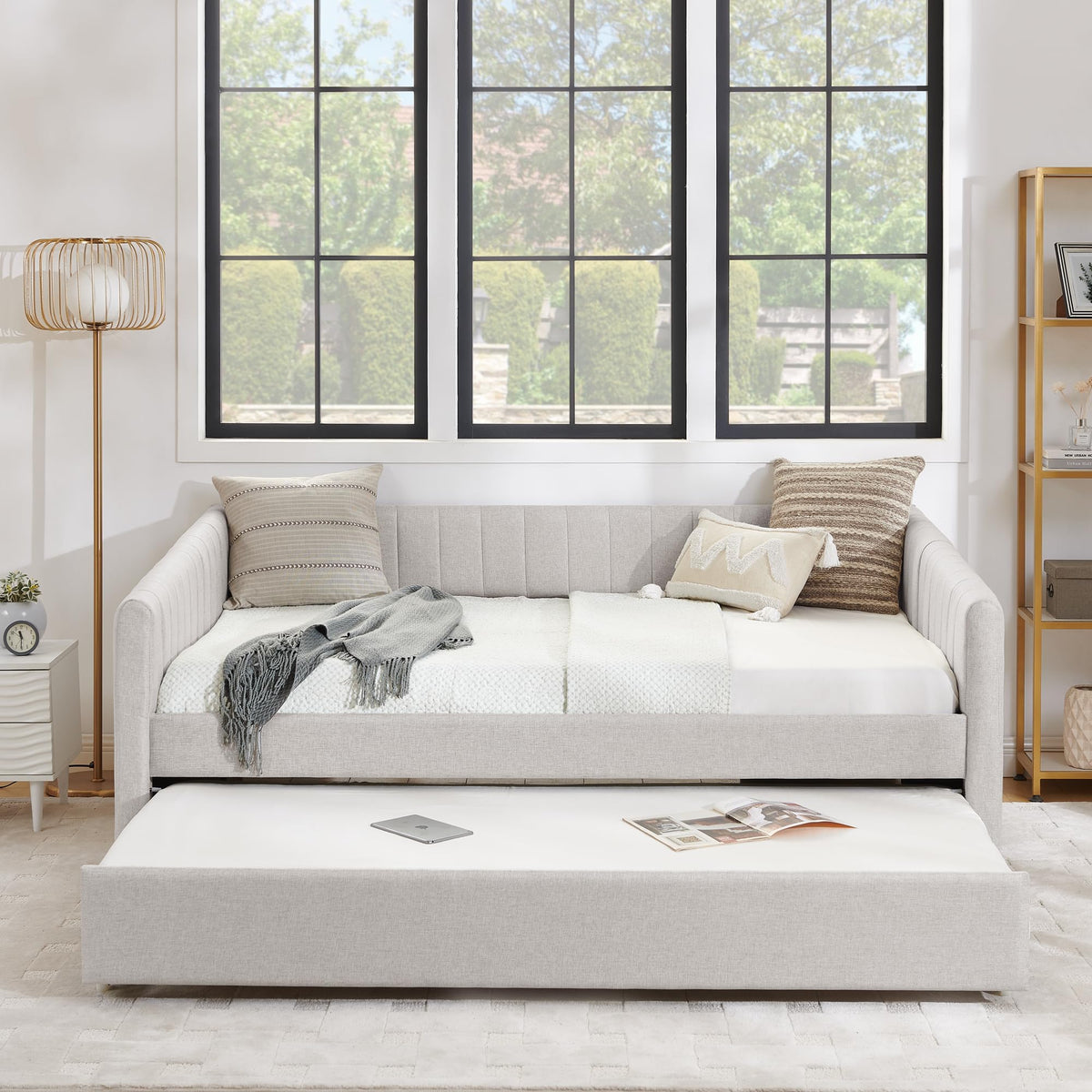 Linen Fabric Upholstered Full Size Daybed with Twin Trundle W192809