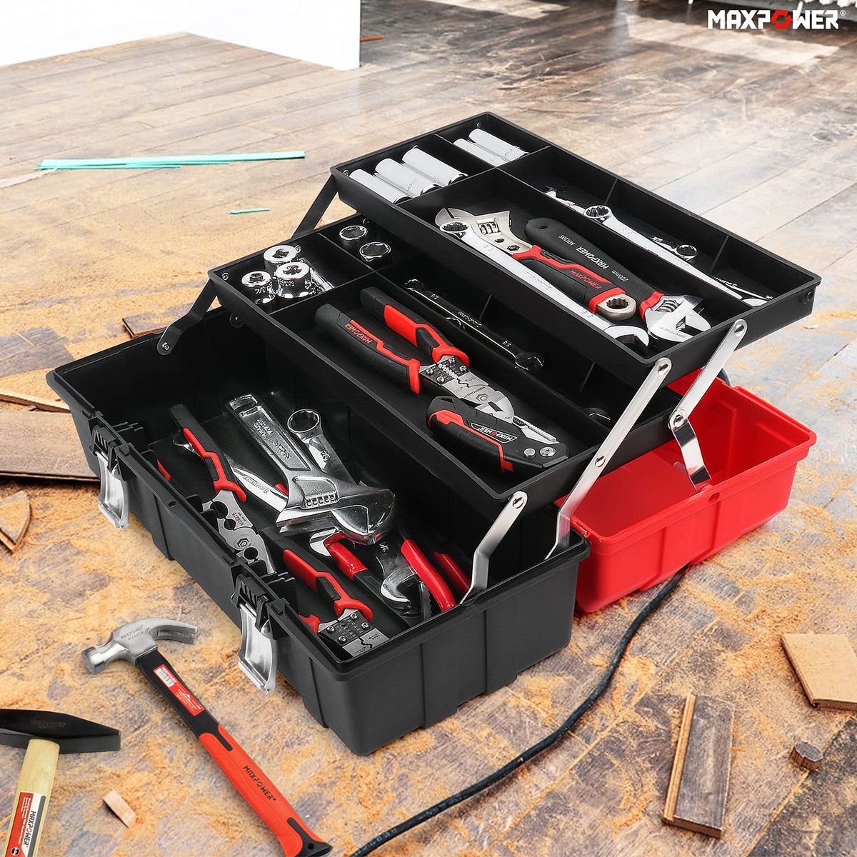 16-Inch Three-Layer Folding Plastic Tool Box with Tray and Dividers W46258
