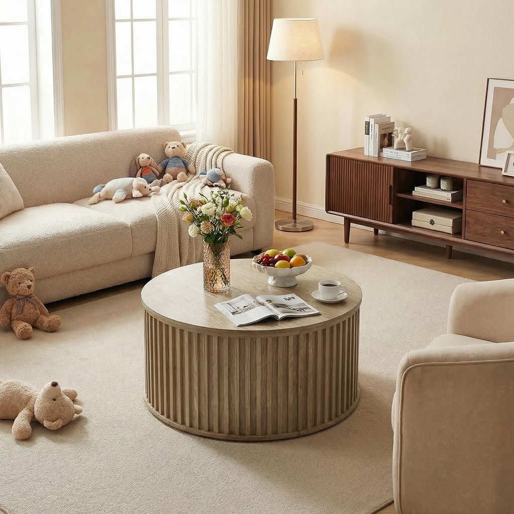 Round Coffee Table with Storage, 35.43" Fluted Center Table X814