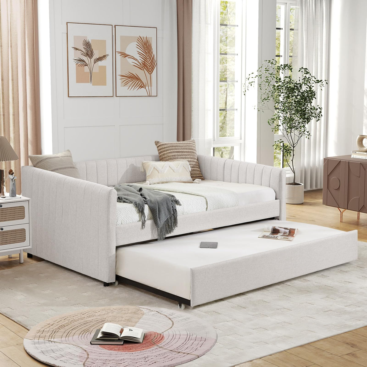Linen Fabric Upholstered Full Size Daybed with Twin Trundle W192809