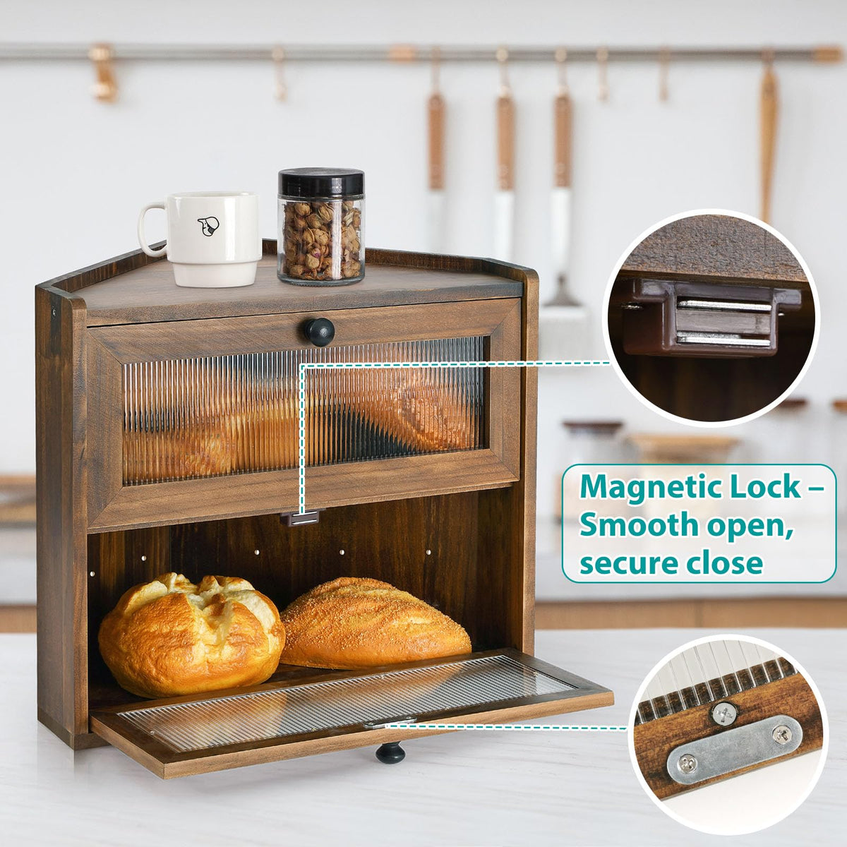 Large 2 Tier Wooden Bread Box with Acrylic Window R392