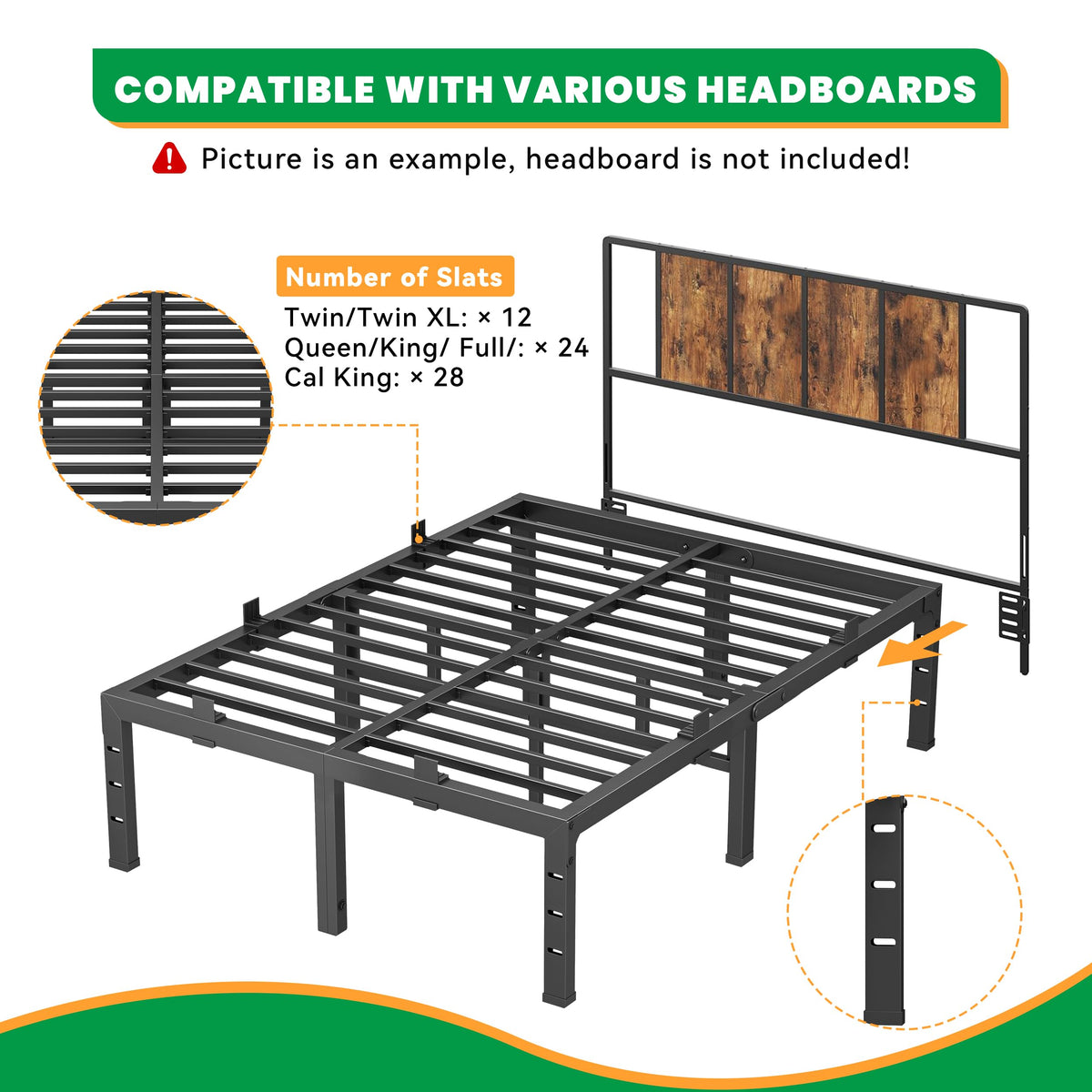16 Inch King Size Black Metal Platform Bed Frame D1363