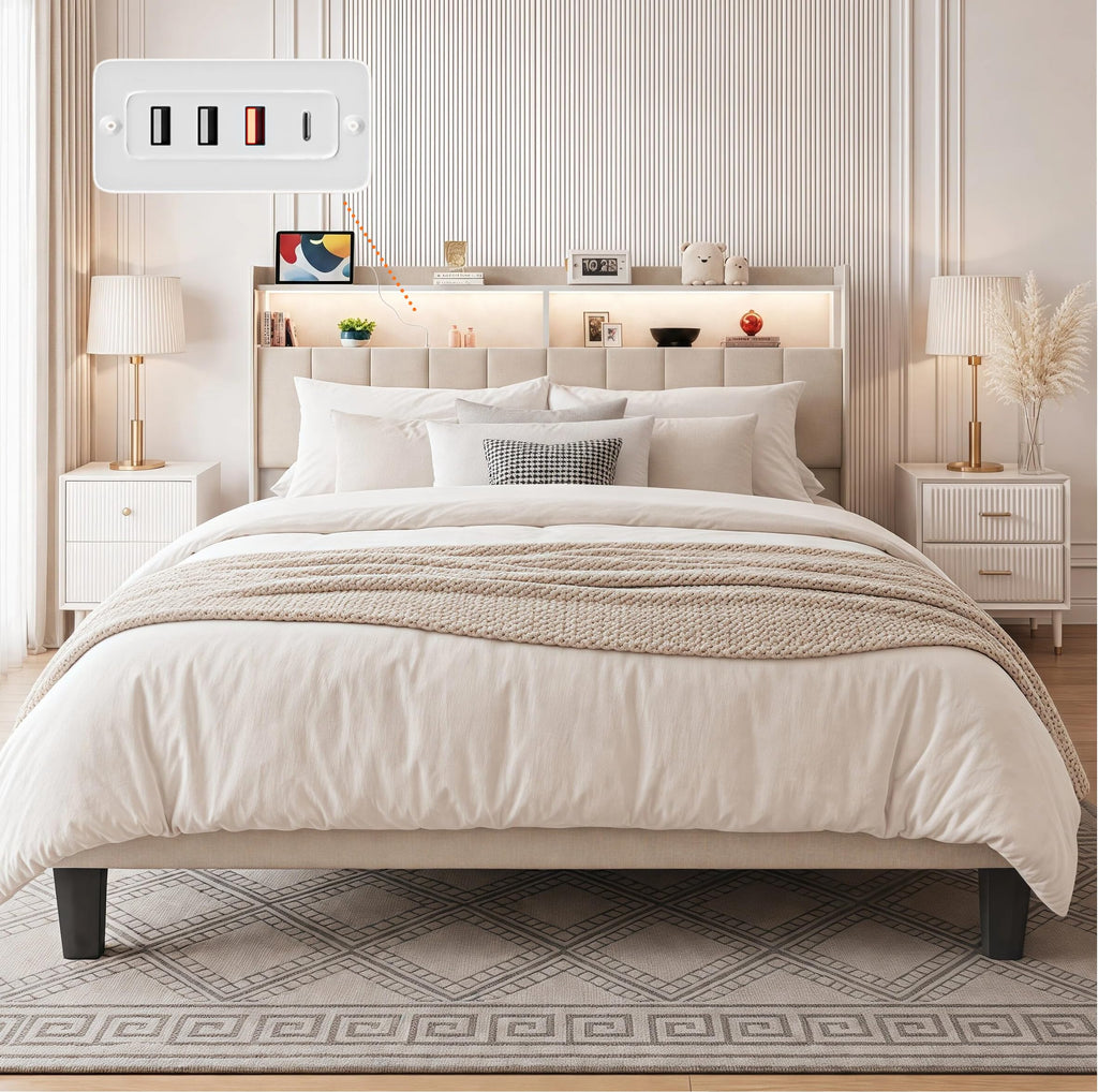 Beige Queen Size Upholstered Platform Bed Frame with Headboard M245