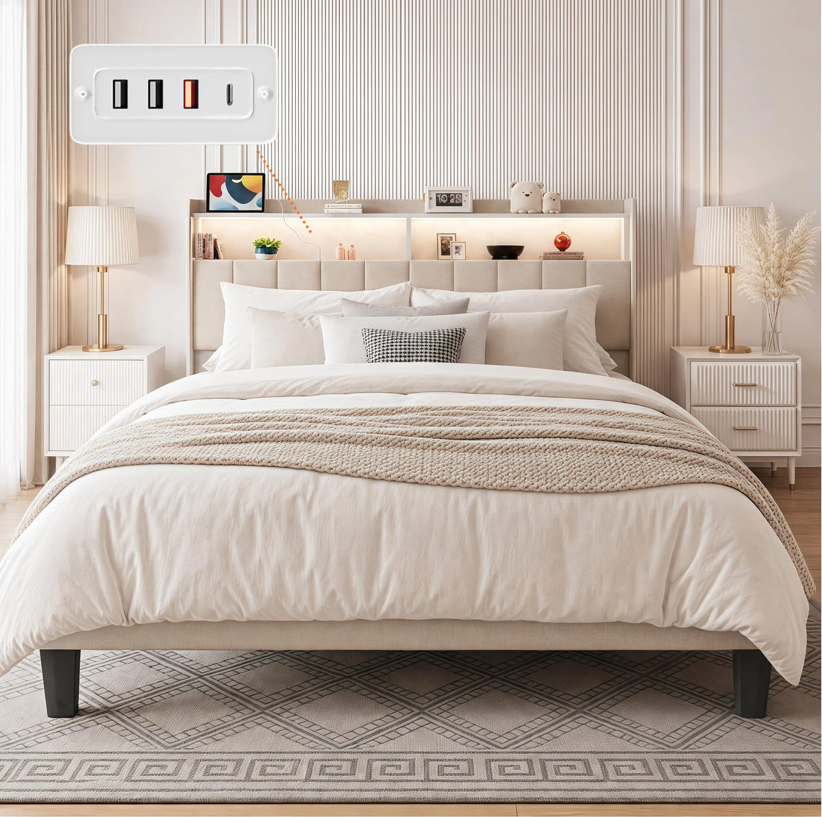 Beige Queen Size Upholstered Platform Bed Frame with Headboard M245