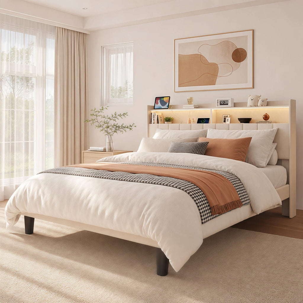 Beige Queen Size Upholstered Platform Bed Frame with Headboard M245