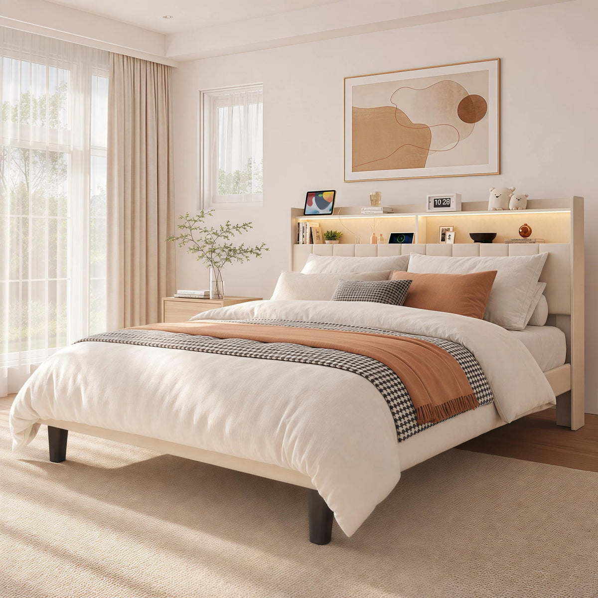 Beige Queen Size Upholstered Platform Bed Frame with Headboard M245