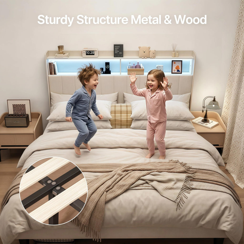 Beige Queen Size Upholstered Platform Bed Frame with Headboard M245