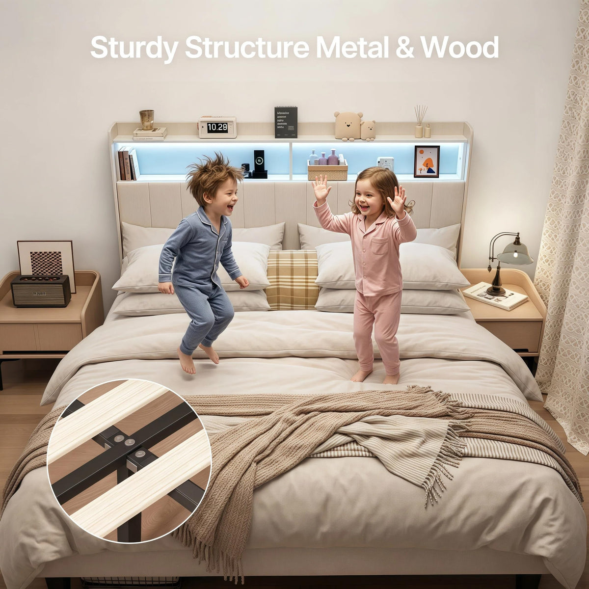 Beige Queen Size Upholstered Platform Bed Frame with Headboard M245